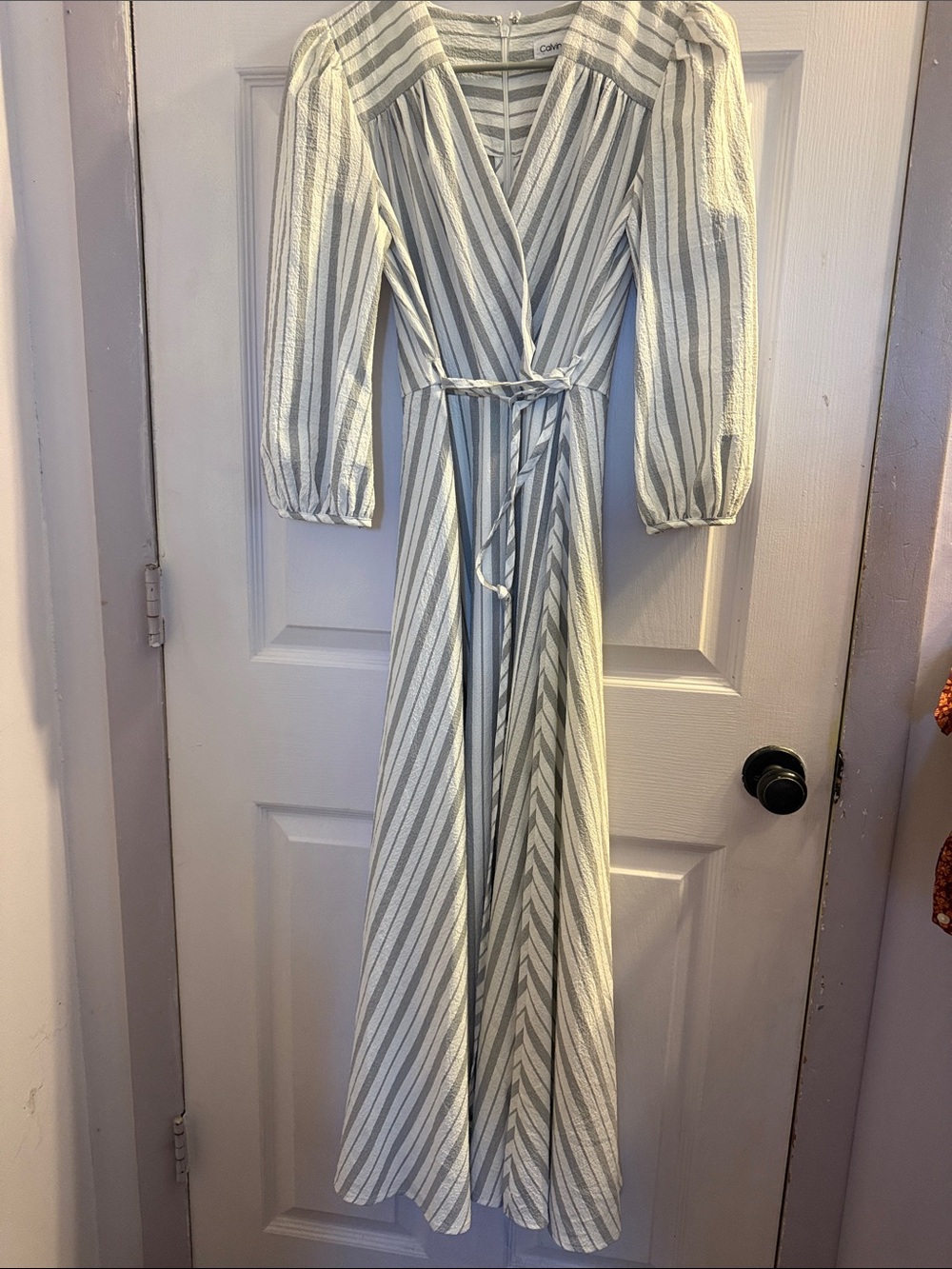 Calvin Klein Light Gray and White Striped Wrap Maxi Dress